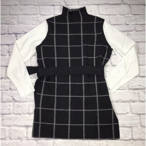 Tahari Womens Windowpane Long Belted Tunic Blouse Black White Size Small - Picture 1 of 3